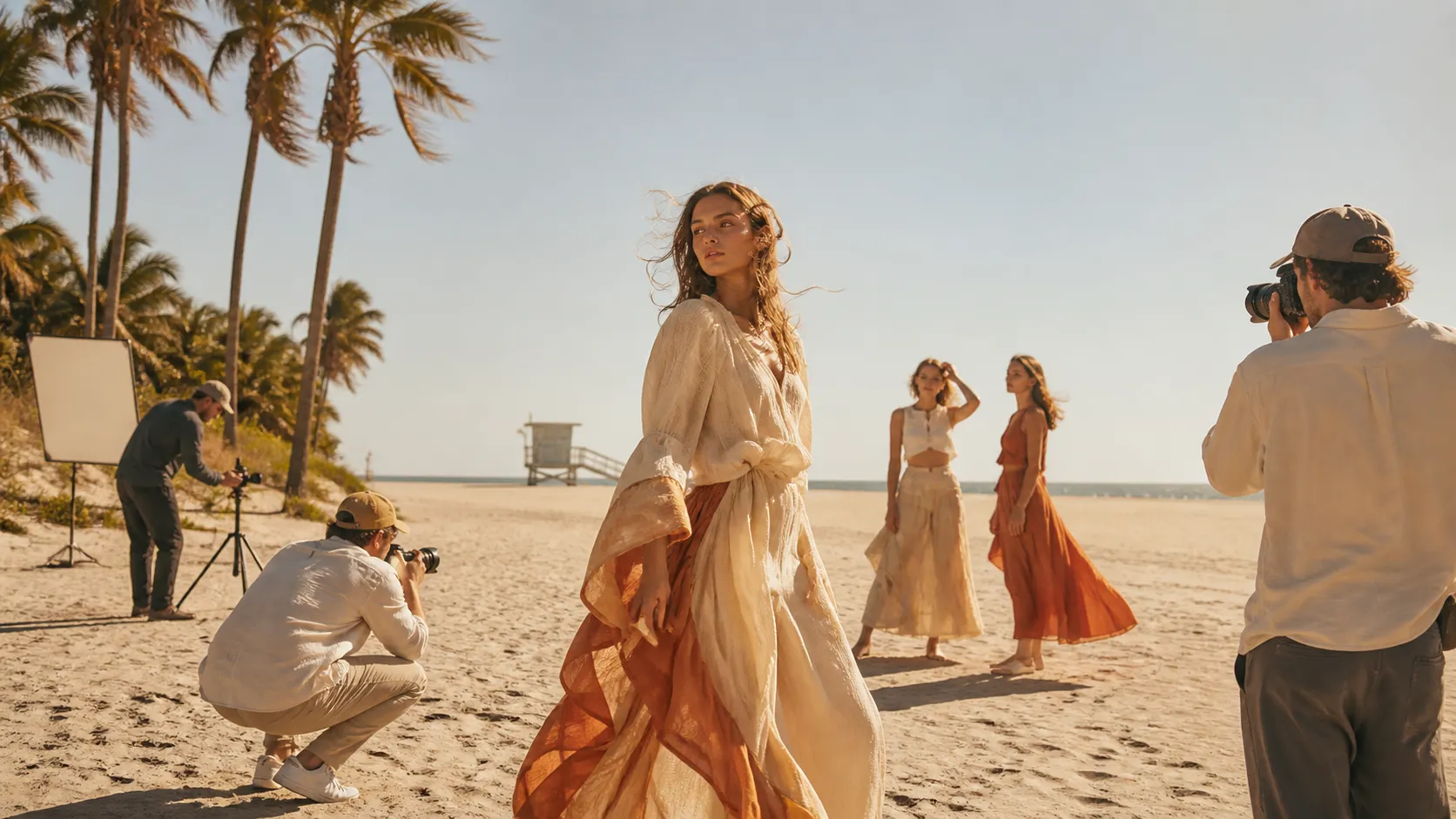 Golden-hour beach editorial with models and a small photography crew