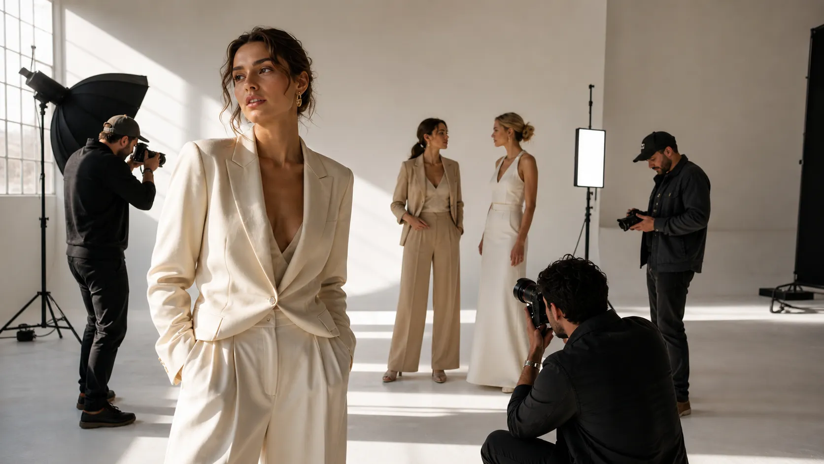Bright studio editorial session with models in cream suits